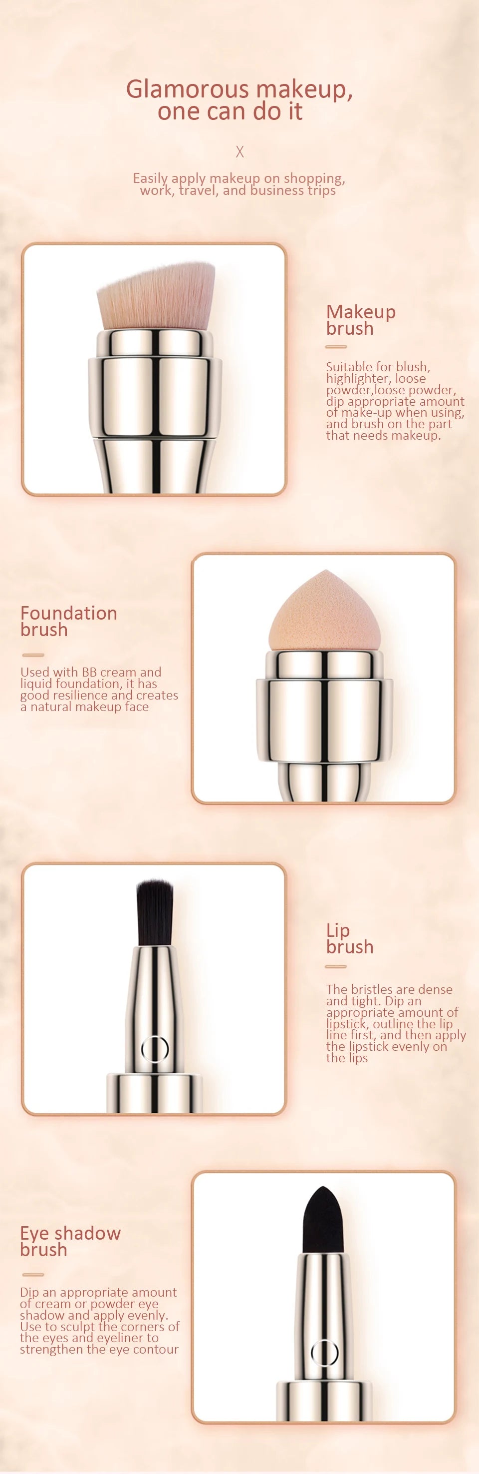 4 in 1 makeup brush set multifunctional eye shadow brush portable foundation brush blush brush lip brush