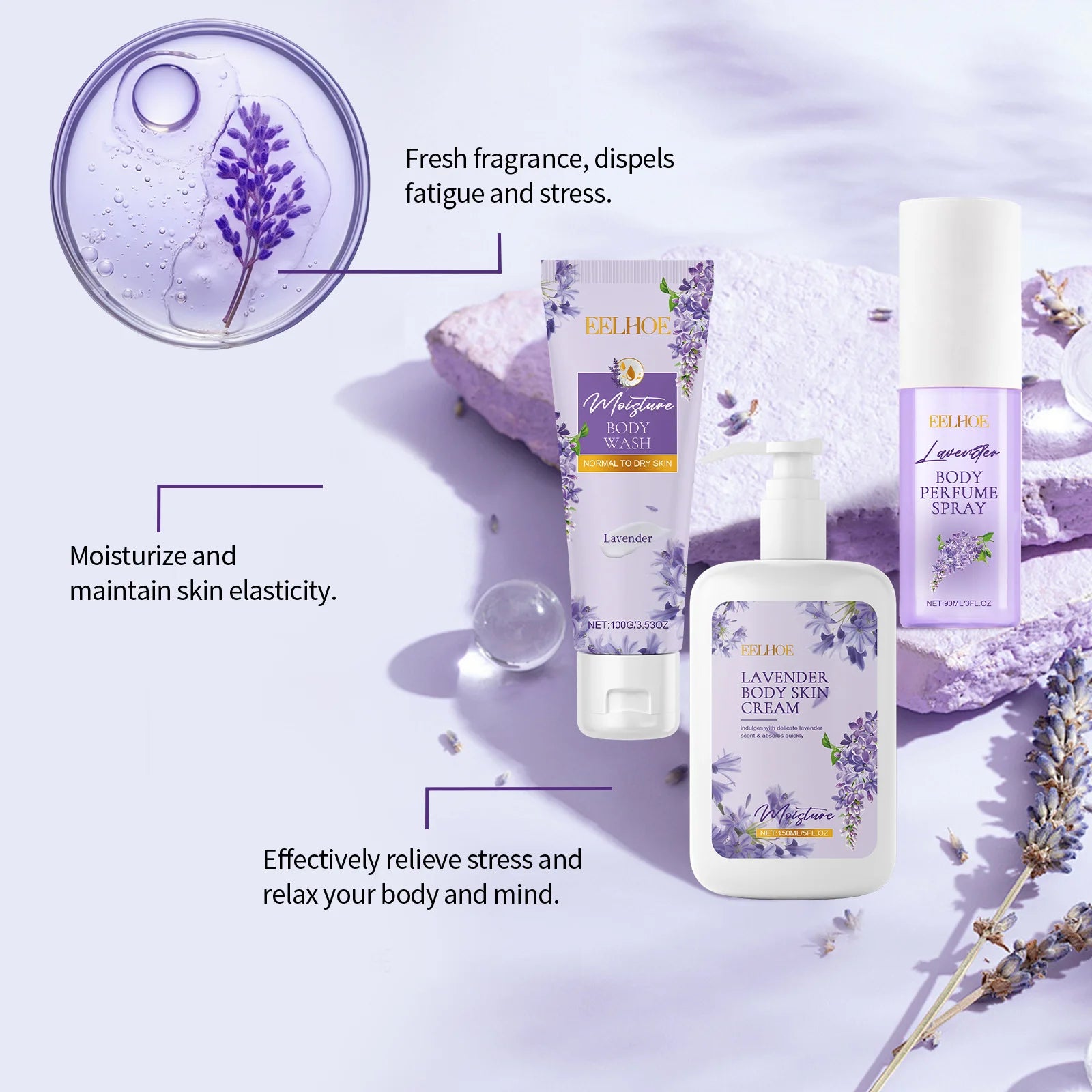 Eelhoe Lavender Body Care Set Keep Freshing Lasting Fragrance Deep Clean Reduce Dry Removing Exfoliate Skin Moisturizing Product