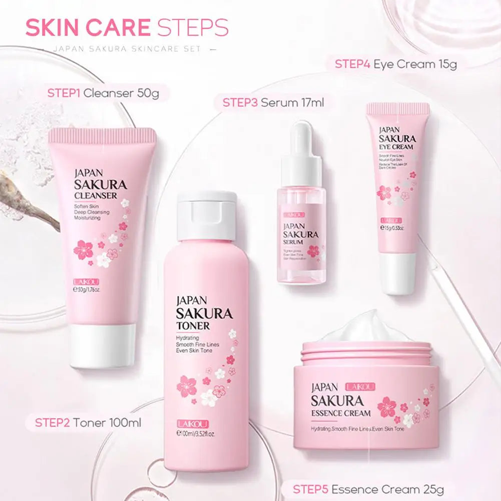 5PCs Facial Skin Care Set Gentle Skin Cleaning Travel Skincare Set For Girls W/ Cleanser Toner Face Serum Cream Eye Cream