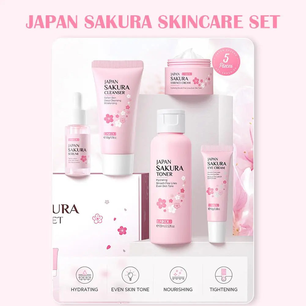 5PCs Facial Skin Care Set Gentle Skin Cleaning Travel Skincare Set For Girls W/ Cleanser Toner Face Serum Cream Eye Cream
