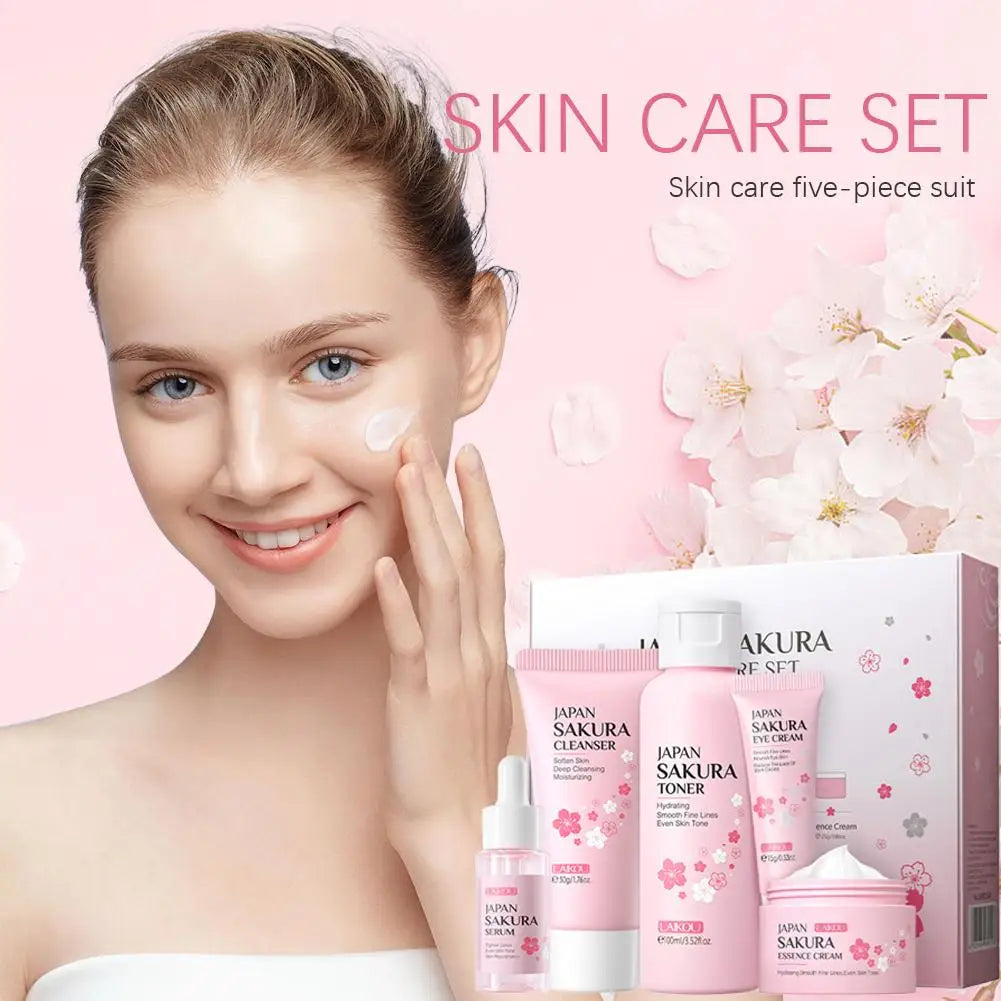 5PCs Facial Skin Care Set Gentle Skin Cleaning Travel Skincare Set For Girls W/ Cleanser Toner Face Serum Cream Eye Cream
