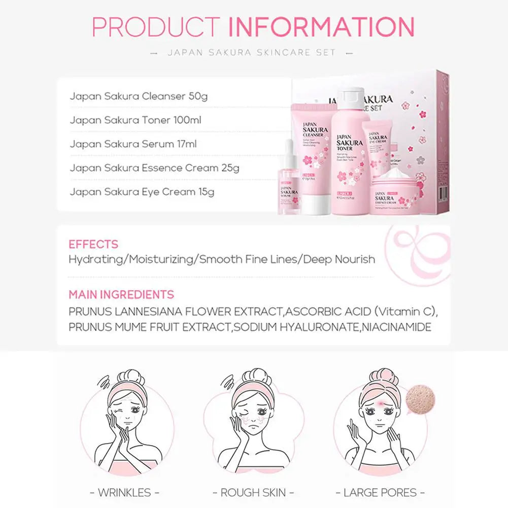 5PCs Facial Skin Care Set Gentle Skin Cleaning Travel Skincare Set For Girls W/ Cleanser Toner Face Serum Cream Eye Cream