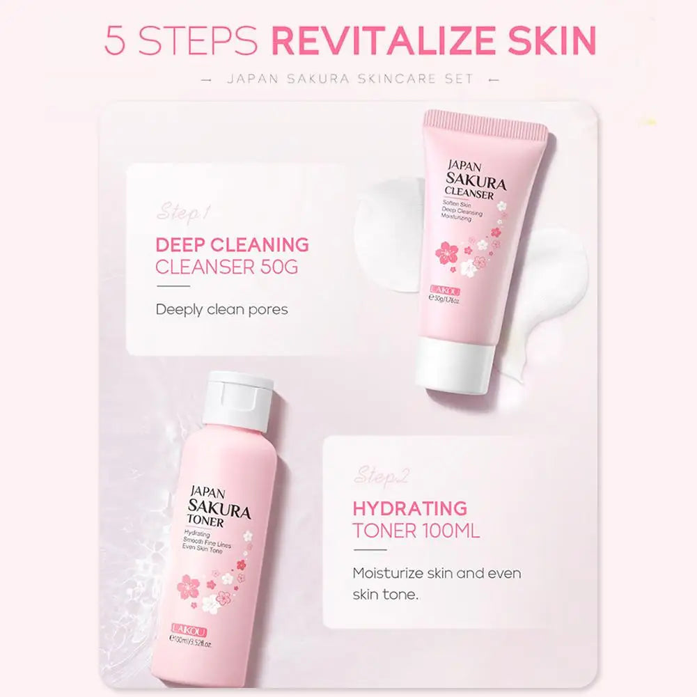 5PCs Facial Skin Care Set Gentle Skin Cleaning Travel Skincare Set For Girls W/ Cleanser Toner Face Serum Cream Eye Cream