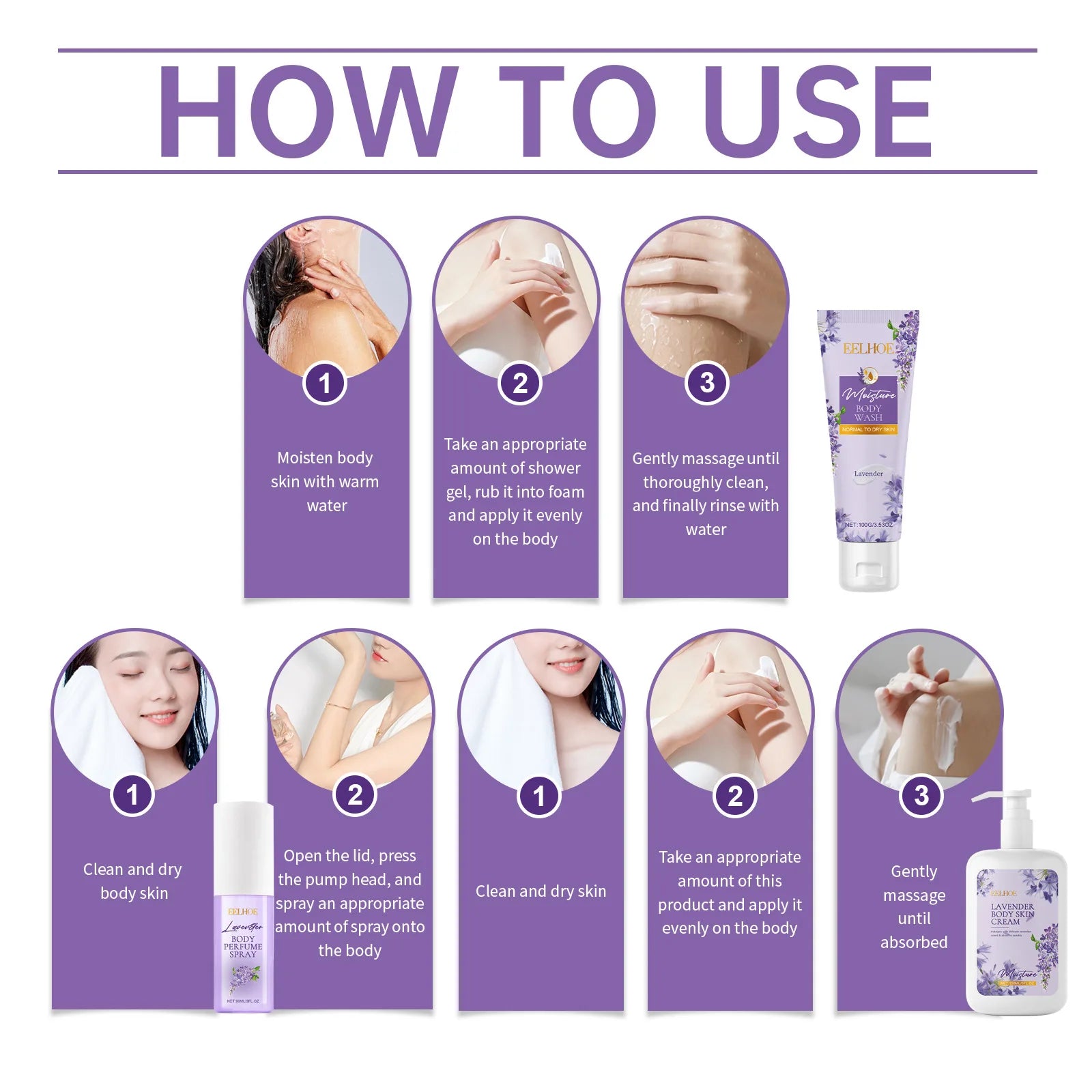 Eelhoe Lavender Body Care Set Keep Freshing Lasting Fragrance Deep Clean Reduce Dry Removing Exfoliate Skin Moisturizing Product
