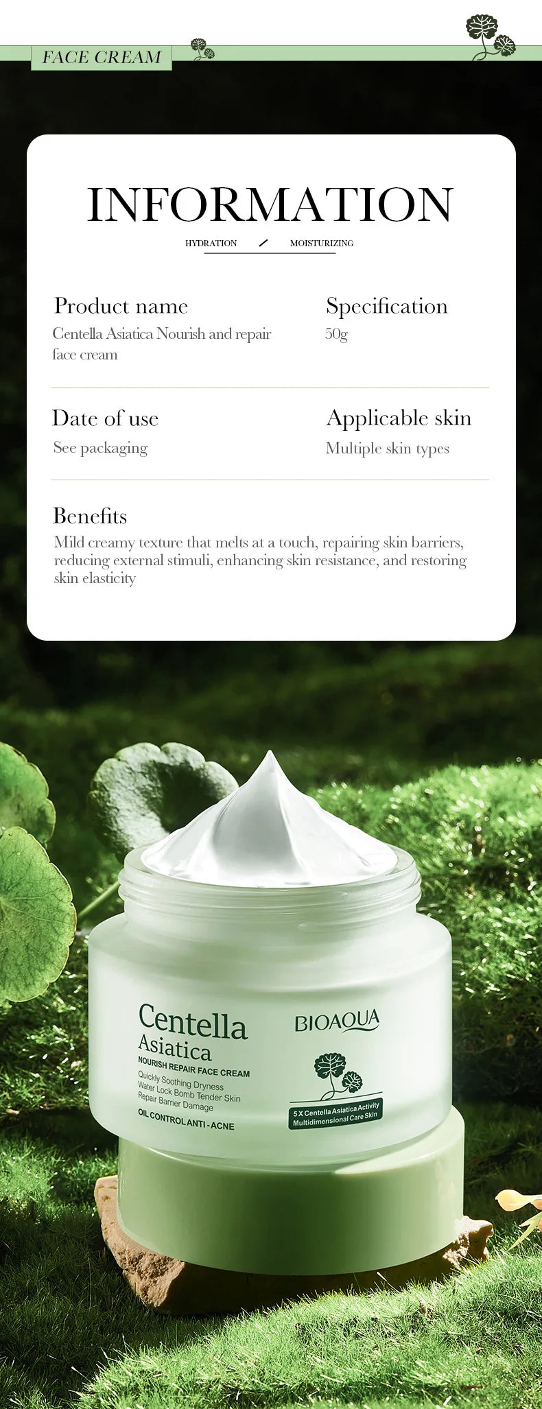 BIOAQUA Centella Asiatica Face Cream skincare Moisturizing Nourishing Firming Facial Cream Skin Care for Beauty