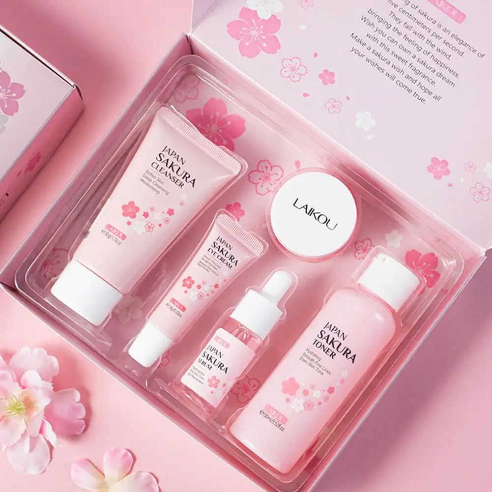 5PCs Facial Skin Care Set Gentle Skin Cleaning Travel Skincare Set For Girls W/ Cleanser Toner Face Serum Cream Eye Cream