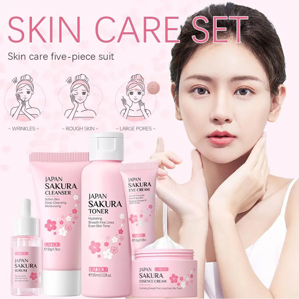 5PCs Facial Skin Care Set Gentle Skin Cleaning Travel Skincare Set For Girls W/ Cleanser Toner Face Serum Cream Eye Cream