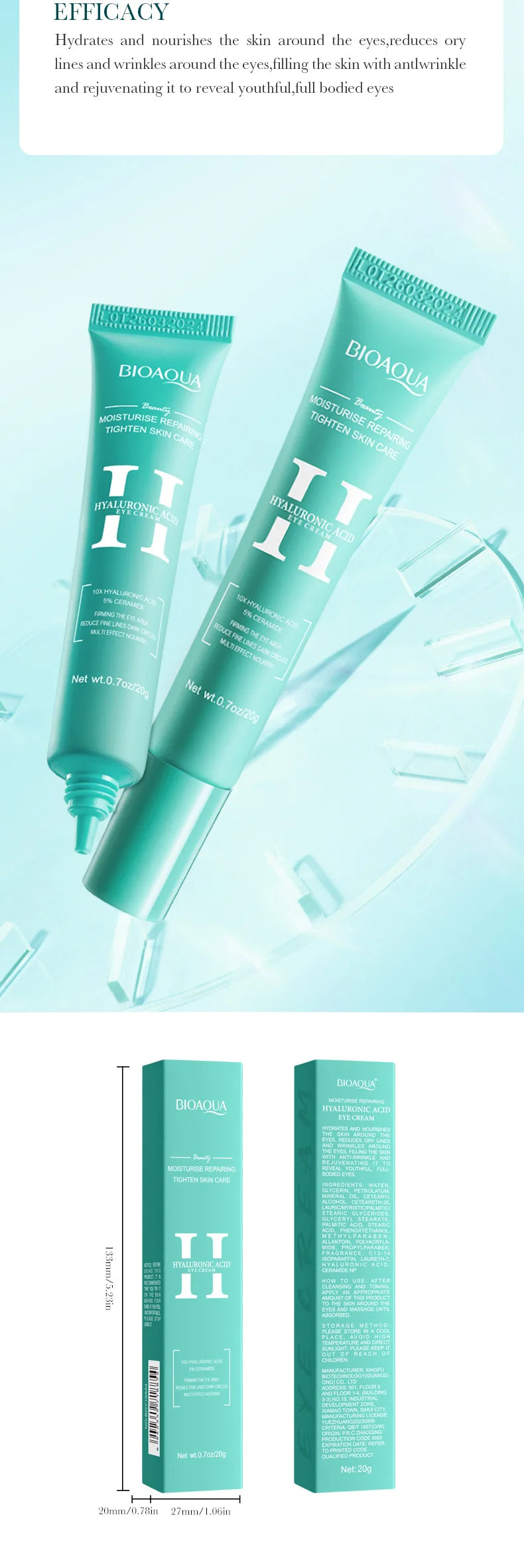 2pcs/kit BIOAQUA Hyaluronic Acid Skin Care Sets Face Eye Cream Moisturizing Hydrating Firming Facial Eyes Creams Face Skin Care