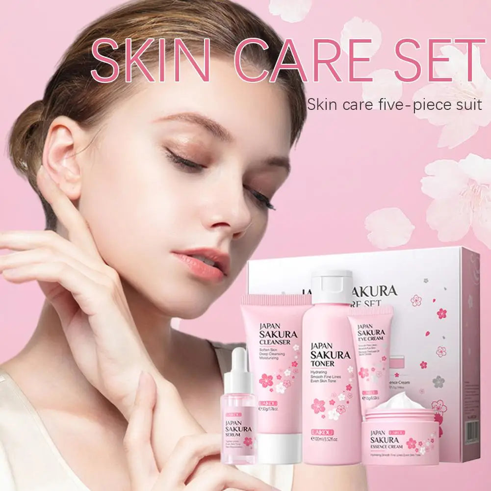 5PCs Facial Skin Care Set Gentle Skin Cleaning Travel Skincare Set For Girls W/ Cleanser Toner Face Serum Cream Eye Cream