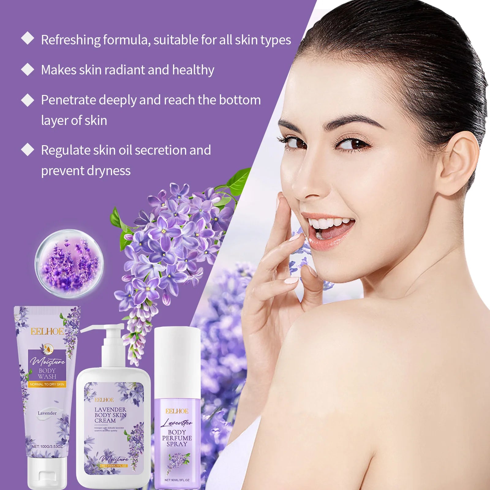Eelhoe Lavender Body Care Set Keep Freshing Lasting Fragrance Deep Clean Reduce Dry Removing Exfoliate Skin Moisturizing Product