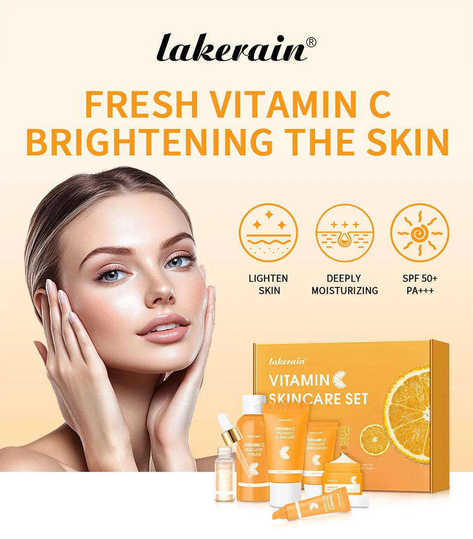 6pcs/set Vitamin C Skin Care Set Deep Cleansing Facial Cleanser Face Cream Moisturizing Anti Wrinkles Face Care Kit Gift Box
