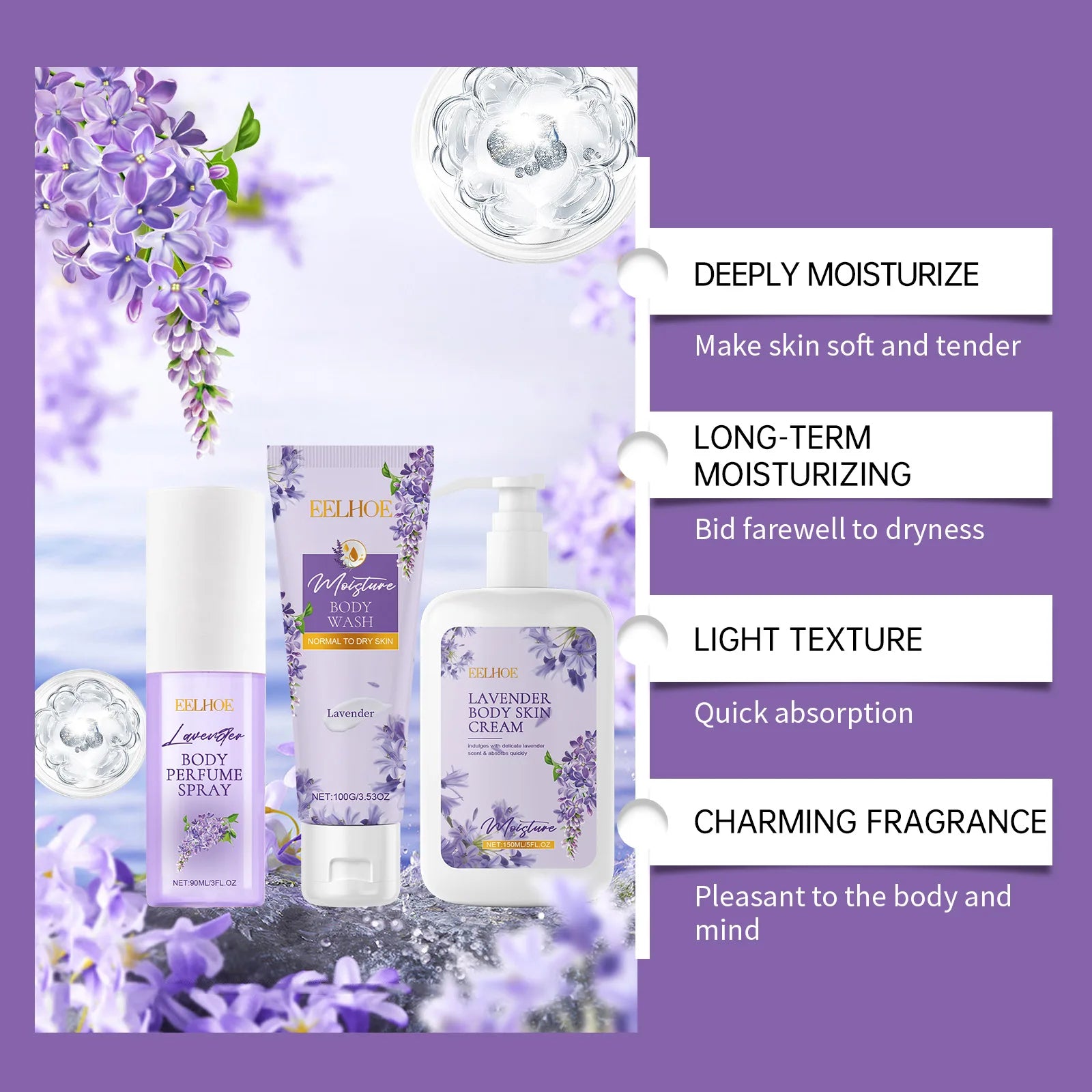 Eelhoe Lavender Body Care Set Keep Freshing Lasting Fragrance Deep Clean Reduce Dry Removing Exfoliate Skin Moisturizing Product