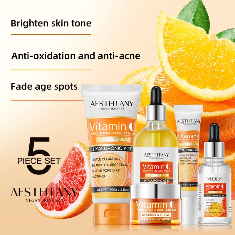Natural Vitamin C Skin Care Set Moisturizing Hyaluronic Acid Skin Care Kit 5PCS Women Beauty Set